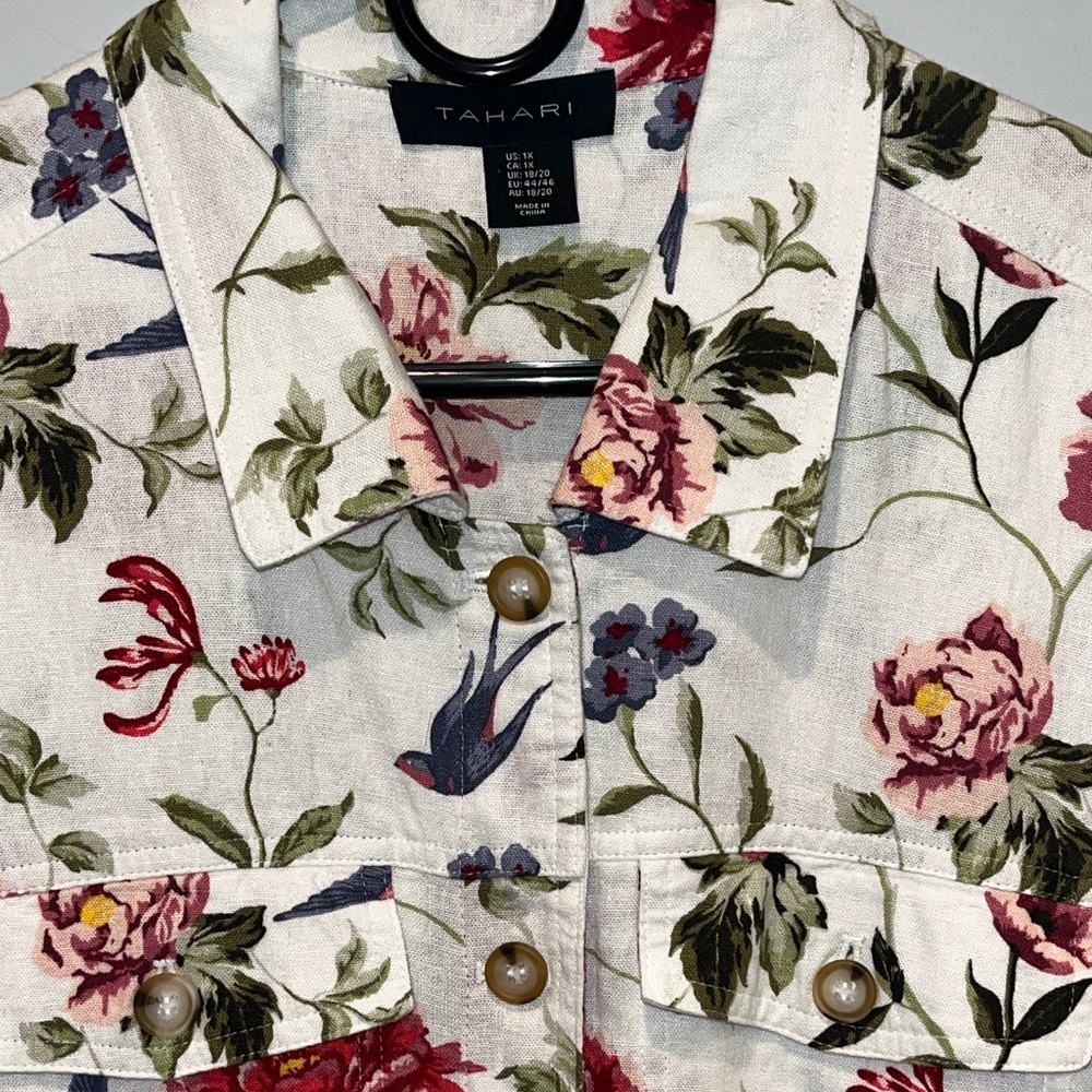 Tahari Cream Floral Linen-Blend Jacket with Pink & Green Print